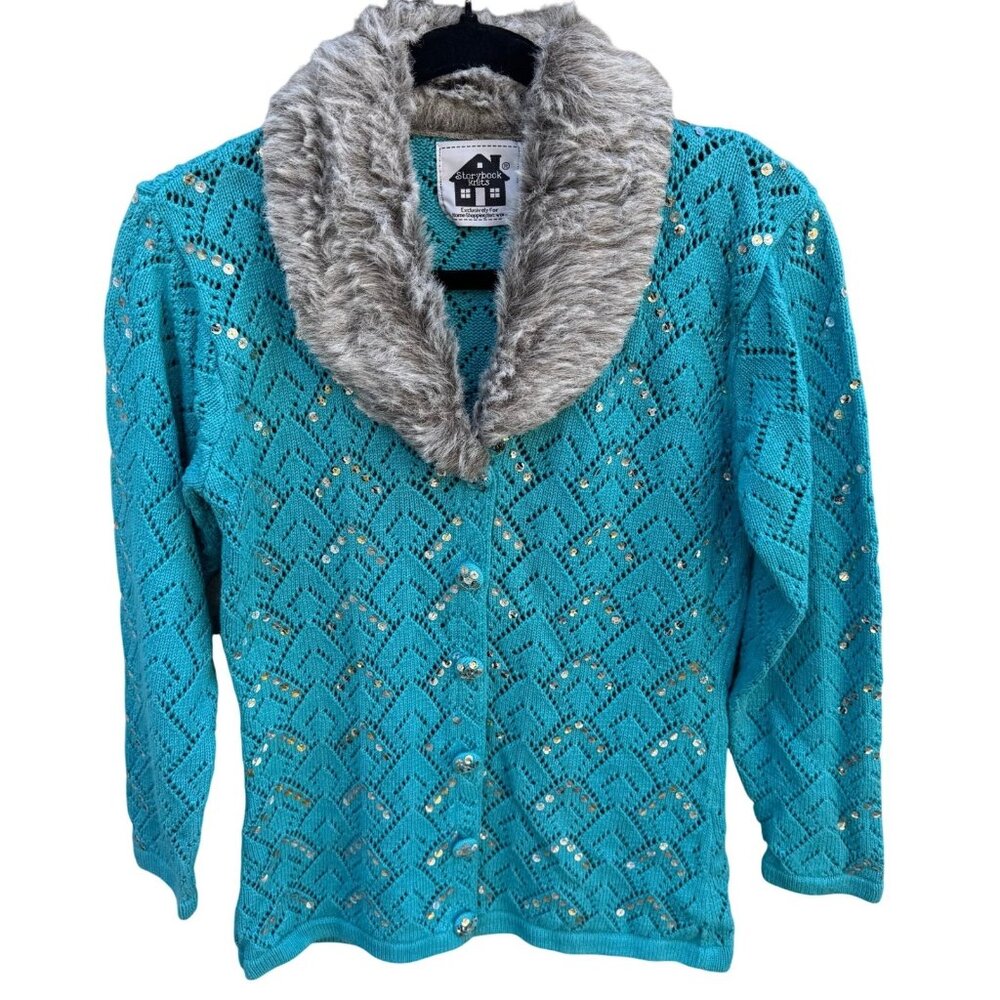 Storybook Knits Vintage Glam Grannycore Sequin Faux Fur Pointelle Knit Cardigan